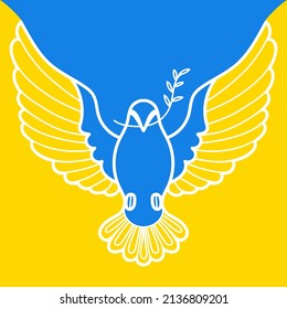 Line art dove bird with a twig of a plant in its beak on blue and yellow background. Linear pigeon of peace. Cartoon draw design graphic vector illustration.