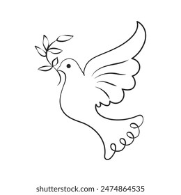 Line art, dove with branch, bird of peace. Black and white illustration, sketch, icon