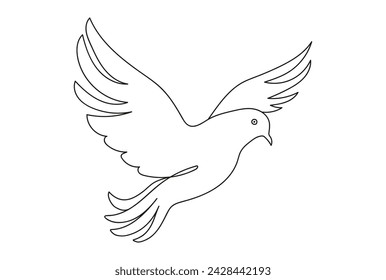 Line Art der Taube im Flug. Durchgehende einzeilige Zeichnung. Fliegende Taube. Konzept von Frieden, Freiheit, Hoffnung. Isoliert auf weißem Hintergrund. Designelement für Druck, Postkarte, Scrapbooking, Malbuch. 