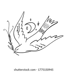 Line art dove. Flying pigeon logo drawing. Black and white vector illustration. Good for greeting card, banner, flyer and poster.