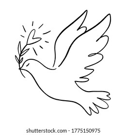 Line art dove. Flying pigeon logo drawing. Black and white vector illustration. Good for greeting card, banner, flyer and poster.