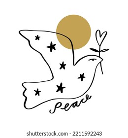 Line art dove. Flying pigeon logo drawing. Black and white vector illustration. Good for greeting card, banner, flyer and poster.