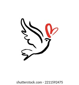 Line art dove. Flying pigeon logo drawing. Black and white vector illustration. Good for greeting card, banner, flyer and poster.