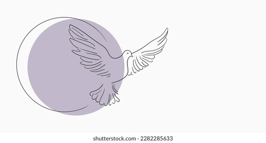 Line art Dove of peace on purple circle. The concept of peace with shape in Ukraine. Vector illustration isolated on purple background for design