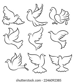 Conjunto de palomas de arte de línea. Dibujo del logo de la paloma voladora. Ilustración vectorial en blanco y negro.