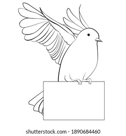 Line art dove with sheet of paper vector monochrome illustration, black and white sign isolated on white background. Flying bird.