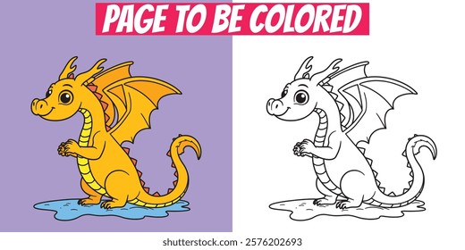 Line art dragon coloring page with a simple, hand-drawn design. Includes black-and-white and colorful versions. Ideal for kids and mythical-themed activities.