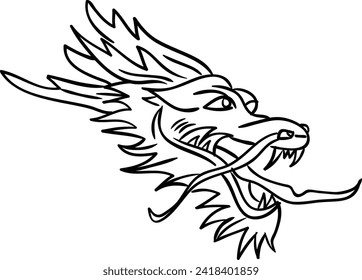 Line art dragon head view side vector