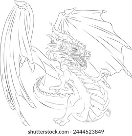 Line art of dragon with wings. Vector illustration of green wood dragon with wings pointing with its right paw finger. Winged dragon with horns, teeth, mustache, paws, tail and horny scales. 