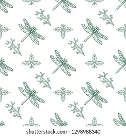 line art dragonfly seamless pattern