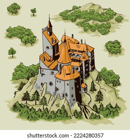 Line art draw illustration of Bran Castle Transylvania Romania