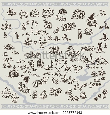 Line art draw simple icon fantasy middle ages map