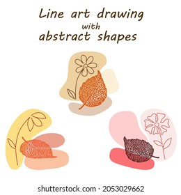 Line art drawing with abstract shapes. Openwork skeletonized leaves and flowers.