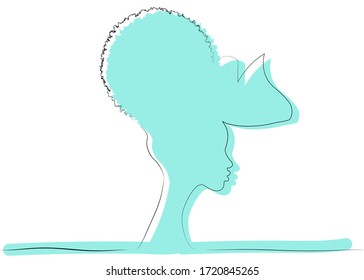 line art  drawing of African woman in turban and hair curly. Beauty woman silhouette logo icon. Modern artwork in minimal linear style, vector isolated on white background  