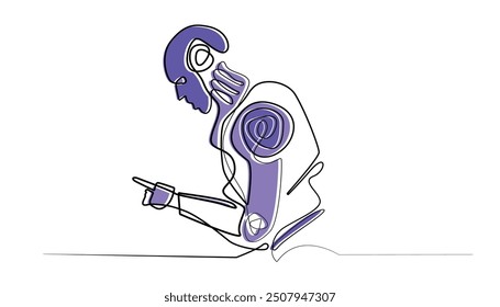 line art drawing of AI robot.one line drawing of AI robot with hand pointing style.interacting with AI technology.single line vector illustration