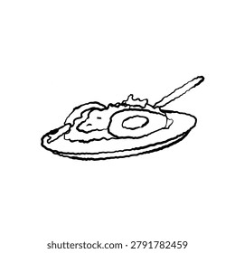 Line art drawing of avocado toast with poached eggs on a plate. Healthy breakfast, brunch, light meal, delicious food, culinary art.