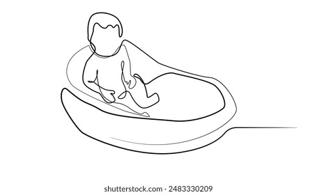 line art drawing of baby bathing. simple line vector of toddler bathing happily