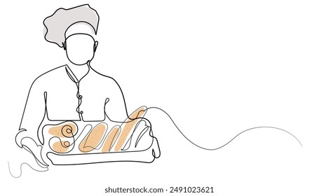 line art drawing of a baker. minimalist line drawing of a baker man showing bread in a bakery. background of a bakery