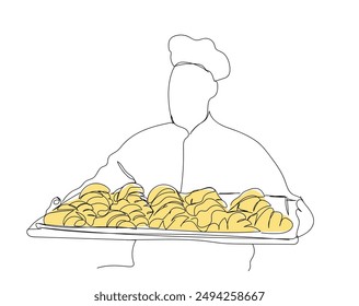 Dibujo de arte de línea de un panadero. dibujo de línea minimalista de un panadero que muestra el pan en una panadería. fondo de una panadería. Delicioso croissant de pastelería francesa