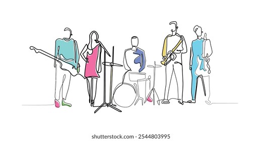 desenho em forma de linha de um grupo de bandas. arte em linha de uma equipe de músicos da banda com instrumentos musicais. ilustração vetorial de um grupo de músicos