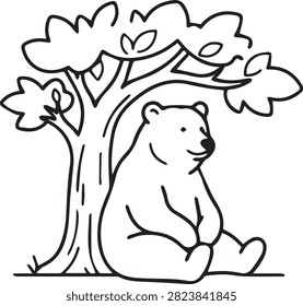Line art drawing of a bear sitting quietly beneath a leafy tree with wildlife