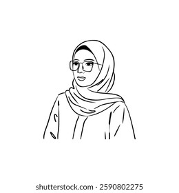 Line art drawing of a beautiful woman wearing glasses and hijab.