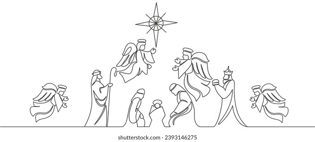 line art drawing. Bible Merry christmas scene of holy family. Vector illustration