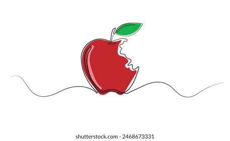 Line art drawing of a bitten apple. Abstract red apple line drawing. Isolated white background