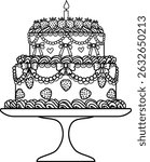 Line art drawing bow ribbons around two tier Birthday cake with strawberries decoration, clipart coquette aesthetic for design element or coloring page with editable strokes . Vector illustration.	