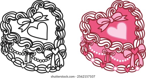 Line art drawing bow ribbons around pink heart shape cake, clipart coquette aesthetic for design element or coloring page. Vector illustration.