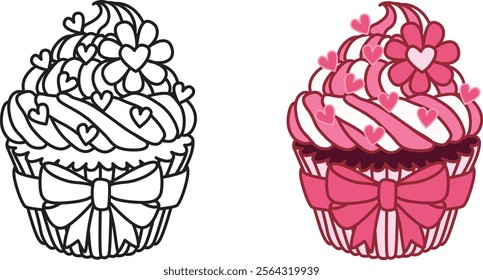 Line art drawing bow ribbons around pink cupcake, clipart coquette aesthetic for design element or coloring page. Vector illustration.