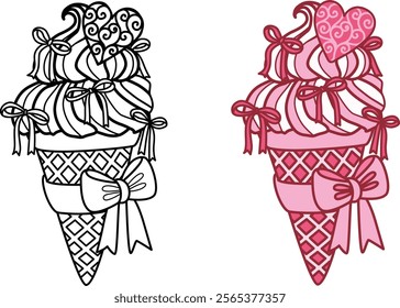 Line art drawing bow ribbons around pink ice cream cone, clipart coquette aesthetic for design element or coloring page. Vector illustration.