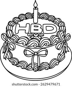 Line art drawing bow ribbons around Happy Birthday cake, clipart coquette aesthetic for design element or coloring page with editable strokes. Vector illustration.	