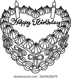 Line art drawing bow ribbons around heart shape Happy Birthday cake, clipart coquette aesthetic for design element  with editable strokes and copy space for name. Vector illustration.	