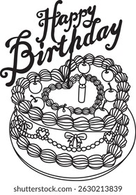 Line art drawing bow ribbons around heart shape Happy Birthday cake, clipart coquette aesthetic for design element or coloring page with editable strokes . Vector illustration.	