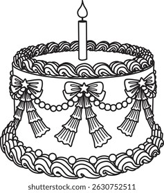 Line art drawing bow ribbons around Birthday cake, clipart coquette aesthetic for design element or coloring page with editable strokes . Vector illustration.	