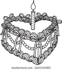 Line art drawing bow ribbons around heart shape Happy Birthday cake, clipart coquette aesthetic for design element or coloring page with editable strokes . Vector illustration.	