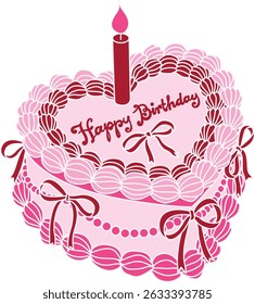 Line art drawing bow ribbons around pink heart shape Happy Birthday cake, clipart coquette aesthetic for design element . Vector illustration.	