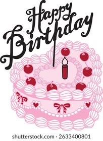 Line art drawing bow ribbons around pink heart shape Happy Birthday cake with cherry toppings, clipart coquette aesthetic for design element . Vector illustration.	