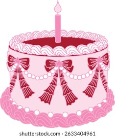 Line art drawing bow ribbons around pink Happy Birthday cake, clipart coquette aesthetic for design element. Vector illustration.