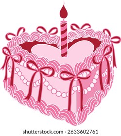 Line art drawing bow ribbons around pink heart shape Happy Birthday cake , clipart coquette aesthetic for design element . Vector illustration.	