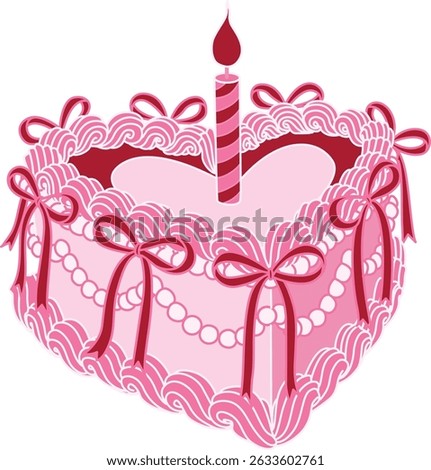 Line art drawing bow ribbons around pink heart shape Happy Birthday cake , clipart coquette aesthetic for design element . Vector illustration.	