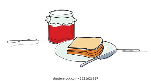 Dibujo de línea de arte de pan con un tarro de mermelada de untar. Dibujo de línea de arte con color de pastel de plato de pan blanco con mermelada. Una línea de dibujo de Ilustración vectorial