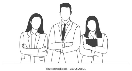 line art drawing of business man and business woman. Business people group line art drawing vector illustration.