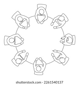 Dibujo de línea de la vista superior de la reunión de negocios en el equipo de la oficina de la mesa redonda de círculo.