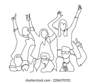 Line Art Drawing Of Cheerful Crowd. Hands Up. Group Of Applause People, Continuous One Line Vector Illustration. People Standing At Concert, Meeting. Concept Of Happy Audience. 