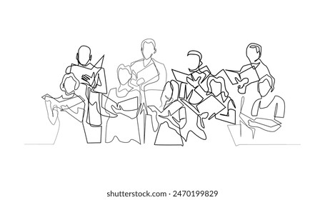 line art drawing of a choir group.singing together.isolated white background