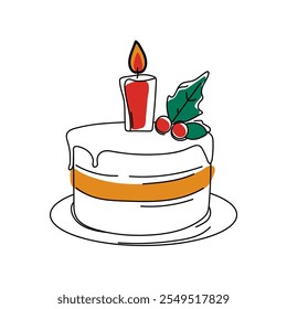 A line art drawing of a Christmas cake with a holly leaf on top.