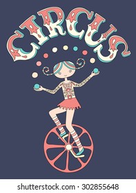 line art drawing of circus theme - teenage girl juggler on unicycle with inscription CIRCUS on dark blue background, vector illustration