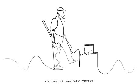 line art drawing of classic man chopping wood with an axe.abstract line vector illustration.isolated white background